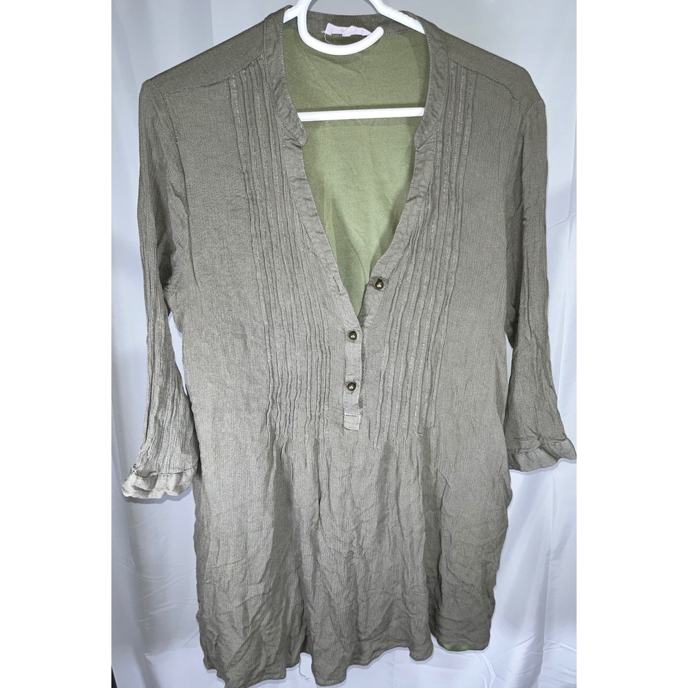 Entro Olive Green Pintuck Tunic Rayon Crinkle Henley Boho Top Large D5358